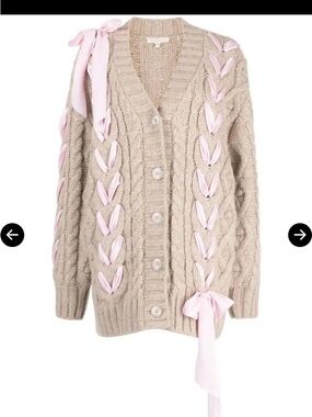 LoveShackFancy Beige Cable-Knit Cardigan with Pink Ribbon Trim